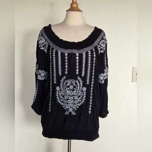 INC Intn'l Concepts Black and White Peasant Blouse With Sequin Details, XL